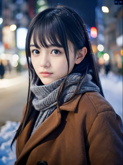 (Close up portrait of dark gray long hair with swept bangs girl in winter brown coat and scarf:1.5)、(One girl turn around on the street in Japan at heavy snowy night with sad face:1.5)、( Blurry background,:1.5)、(Perfect Anatomy:1.3)、(complete hands:1.3)、(c...