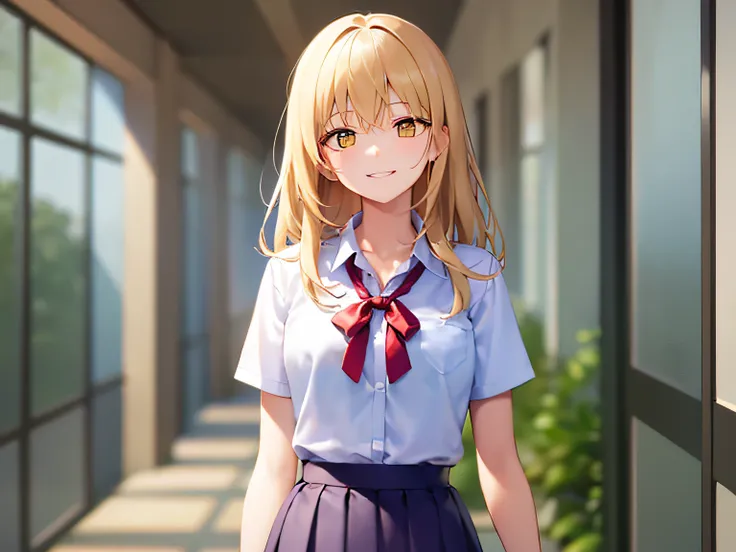 ​masterpiece、hightquality、Background is a school hallway、(Blonde medium hair, yellow  eyes)、the hair flutters with the wind、An 18-year-old woman、Wearing a high school uniform、Red ribbons、white  shirt、Blue pleated skirt、Close-up of the subjects face、(Alone:...