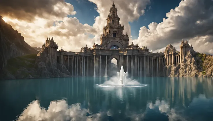 (masterpiece, best quality), a massive water fountain in the middle of a volcanic lake, fantastic architcture, epic, legendary, sky, clouds