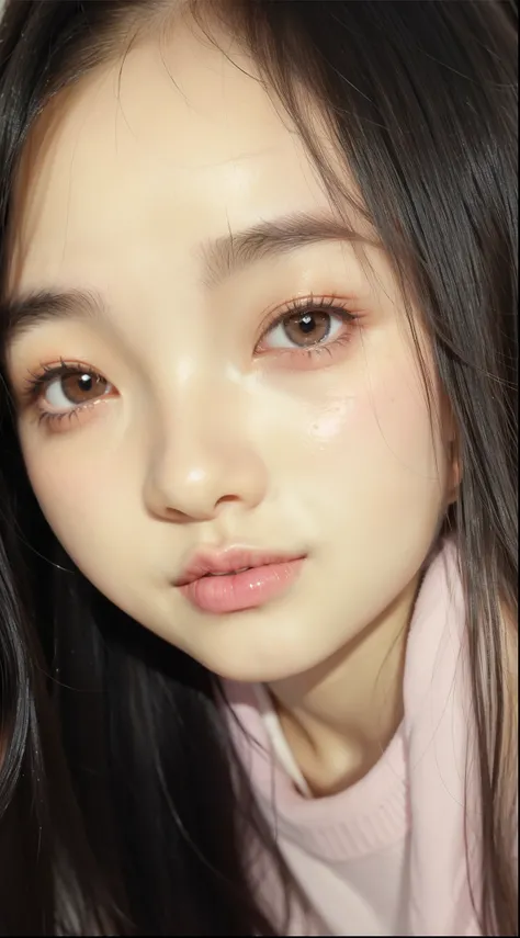 10 year old Asian girl with long shiny hair, bright white skin, glowing face, big black eyes, small nose, thin pink lips (with lip balm effect), looking at the camera cutely, cute girl, focus on girls, very beautiful, very cute Asian girl