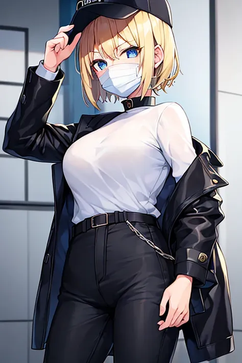 1girl, blonde hair, short hair, gakuran, black clothes, hat, surgical mask, mouth mask, blue eyes, baseball cap, hat, black pants, pants, white trim, covered mouth