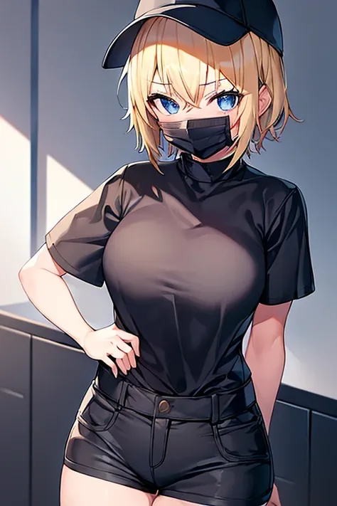 1girl, blonde hair, short hair, gakuran, black clothes, hat, surgical mask, mouth mask, blue eyes, baseball cap, hat, black pants, pants, white trim, covered mouth