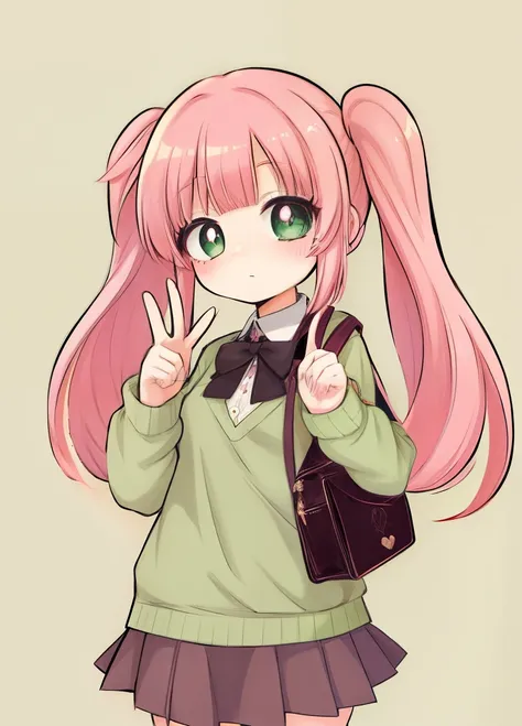 girl standing, brown skirt, green sweater, left hand holding cell phone to take a photo, right hand making a peace sign, long, s...