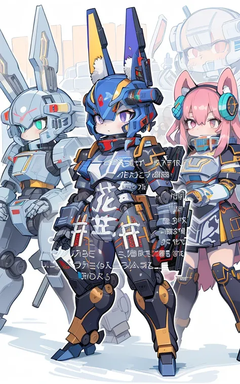 Cartoon image of robot rabbit holding gun, mecha cyber armor, Cool mech style, Mecha suit, Full robot full body mecha suit, cyber fight armor, wearing cyber armor, anime mecha armor, Purple armor, Complex assassin mecha, Mecha Inspiration, Trio, three role...