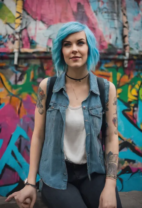 Chloe posing in front of a colorful and chaotic street art installation, making a funny face and giving a thumbs up,Life is Strange video game series,Chloe is a tall white teenage girl, with very short blue hair with pink roots, green eyes, punk aesthetic