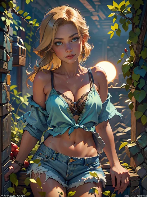 2076 year. The Urban Ruins of the Wasteland, Female huntress picking fruit in the garden, beautiful face, blonde, very torn shirt and denim shorts, shirt in tatters ,  long legs, sweating through, sun rising, Nice warm colors, head to toe full body shot