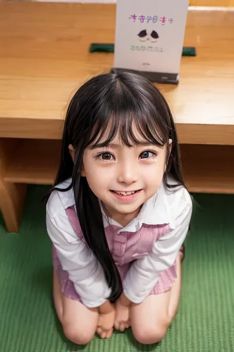 from above,(wariza:2),Crying and laughing face,look up,10-year-old Elementary school girl with long black hair