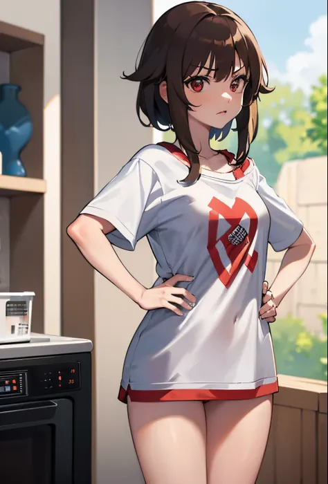 (beste-Qualit, 8K, 12), 1 girl, (megumin), brown hair, the perfect body, ultra detail face, detailed lips, (((very small boobs))), red eyes, cleavage, looking at viewer, annoyed, ((oversize tshirt)), off shoulders, no pants, washing machines, thighs, ((whi...