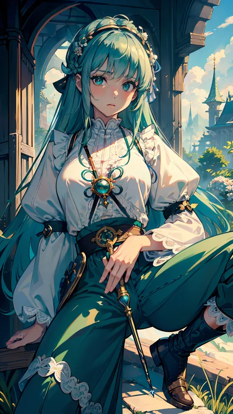 masterpiece, ultra detailed, 8k portrait, RAW photo, portrait photography, Highly detailed face, beautiful and meticulous eyes, ((Fantasy)), Young beautiful, (((Female priest))), (((((spread legs standing))))), (light blue long thin hair)), ahoge, (((asymm...