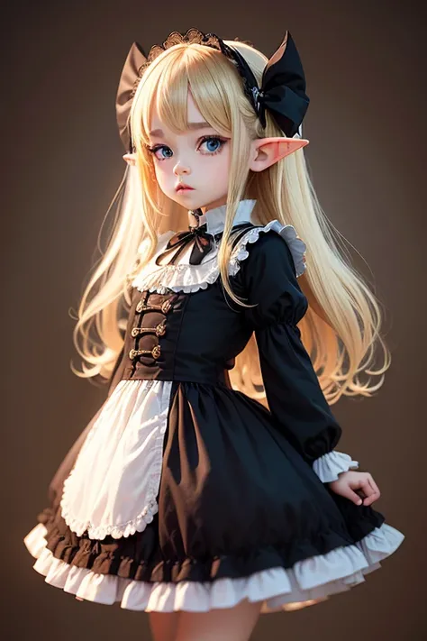 solo front portrait　Idade８old and small breasted lolita　kawaii girl　big eye　pointed elf ears　long blonde hair　１0０centimeter short stature　Gothic Lolita Clothing