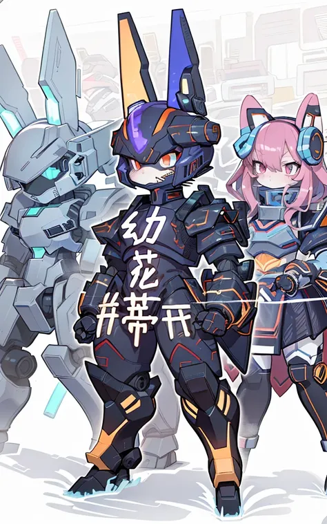 Cartoon image of robot rabbit holding gun, mecha cyber armor, Cool mech style, mechasuit, Full robot full body mecha suit, cyber fight armor, wearing cyber armor, anime mecha armor, Purple armor, Complex assassin mecha, Mecha Inspiration, Trio, three roles...