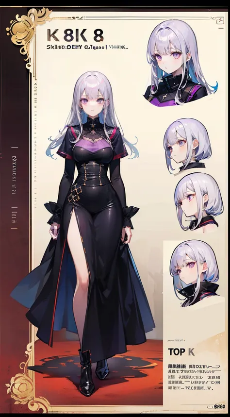 (((8K,top-quality)))1 young girl, character sheets, concept-art, full body Esbian, (​masterpiece:1.2), (Top image quality:1.3), 1girl in, is standing, length hair,Adulterous demons,Silvery hair,Purple eyes,Obscene lines