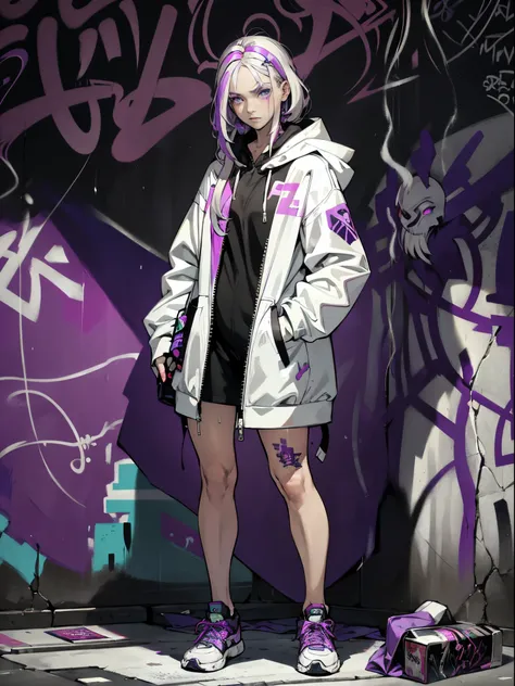 masterpiece, 1girl, beautiful face, perfect face, beauty of a goddess, white skinned girl, ((ultra detailed eyes)), clear eyes, glowing purple eyes, streaked hair, unzipped coat, (hood on), front bangs, standing in front of a graffiti-covered wall, street ...