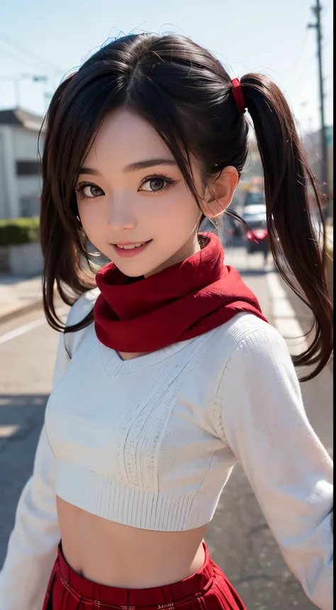 ((best quality, 8K, masterpiece)), ultra detailed, sharp focus, 1 cute girl, (small breasts), (white cropped sweater), ((red scarf)), ((checkered mini skirt)), highly detailed face and skin texture, ((detailed eyes)), ((beautiful eyes:1.2)), (smile:1.15), ...