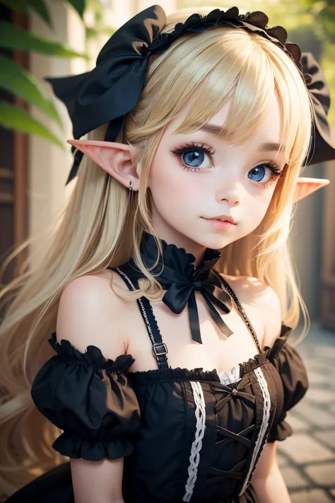 solo front portrait　Idade８old and small breasted lolita　１００centimeter short stature　A slight smil　kawaii girl　big eye　pointed elf ears　long blonde hair　Gothic Lolita Clothing