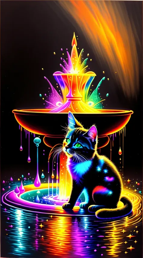 Painting of colorful fountain on black background，breath-taking rendering，Within a radiant connection，Inspired by Kinuko Y. Craft，，Magical elements，Kitten icon，much wow，Its beautiful，Cast colorful spells，Bright flash，flash lights