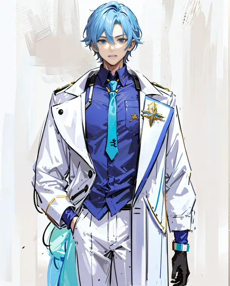 Anime characters wearing white and blue clothes，Wear a blue tie, Tall blue eyed anime character, Put on a lab coat, Hajime Yatate, Illustrations by Soejima Shigenori, kaworu nagisa, Vixen in lab coat, Official character art, male anime characters, 2 d anim...