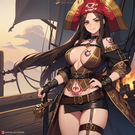 ((1 pirate woman, pirate hat, belt on pussy with a sword, open brown mini skirt, mini blouse with open zipper, skull tattoo on pussy)),((large breasts)),((very large pubic hair)) ,((big brown straight hair)),((brown eyes, smile)),((facing the viewer)),((on...