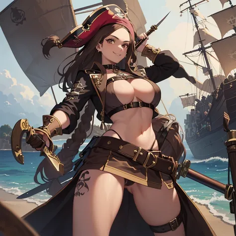 ((1 pirate woman, pirate hat, belt on pussy with a sword, open brown mini skirt, mini blouse with open zipper, skull tattoo on pussy)),((large breasts)),((very large pubic hair)) ,((big brown straight hair)),((brown eyes, smile)),((facing the viewer)),((on...