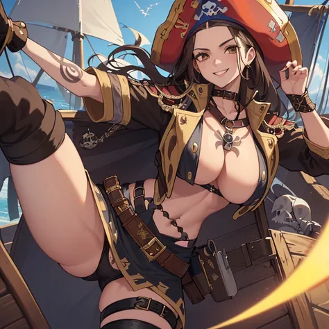 ((1 pirate woman, pirate hat, belt on pussy with a sword, open brown mini skirt, mini blouse with open zipper, skull tattoo on pussy)),((large breasts)),((very large pubic hair)) ,((big brown straight hair)),((brown eyes, smile)),((facing the viewer)),((on...