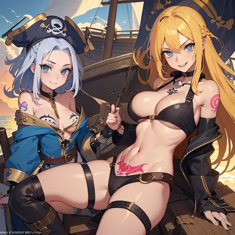 ((1 pirate woman, belt on breasts, panties with open zip, bare breasts, skull tattoo on face)),((medium breasts)),((very large pubic hair)),((large yellow hair)), ((blue eyes, smile)),((facing the viewer)),((on a pirate ship, at sea during the day)),