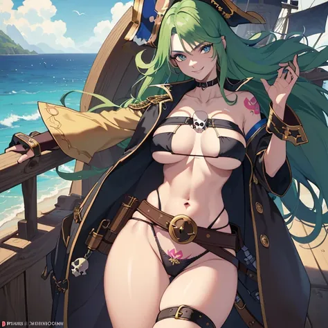 ((1 pirate woman, belt on breasts, filtered panties, bare breasts, skull tattoo on face)),((medium breasts)),((very large pubic hair)),((large green hair)),(( blue eyes, smile)),((facing the viewer)),((on a pirate ship, at sea during the day)),