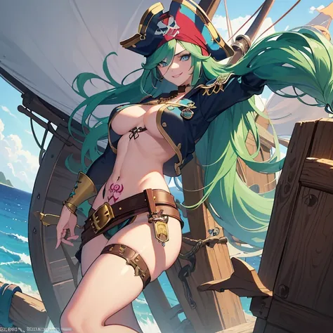 ((1 pirate woman, belt on breasts, filtered panties, bare breasts, skull tattoo on face)),((medium breasts)),((very large pubic hair)),((large green hair)),(( blue eyes, smile)),((facing the viewer)),((on a pirate ship, at sea during the day)),