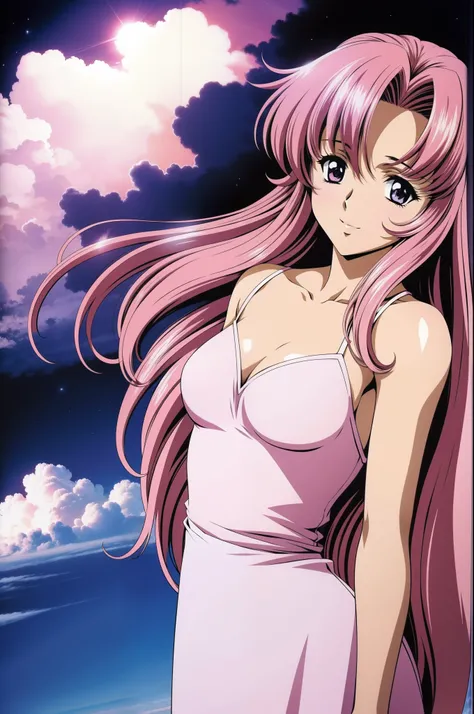 Lacus Clyne,1girl, solo, pink hair, breasts, long hair, hair ornament, cleavage, sky, day, haro, cloud,small breasts, white dress, looking at viewer, smile,