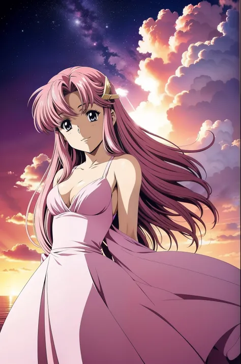 Lacus Clyne,1girl, solo, pink hair, breasts, long hair, hair ornament, cleavage, sky, day, haro, cloud,small breasts, white dress, looking at viewer, smile,