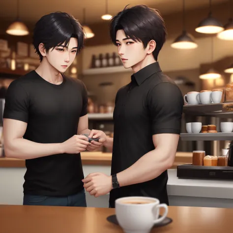 Black shirt，Handsome boy，cafes，4k、top-quality、​masterpiece、Niyashi、mash hair、A dark-haired、