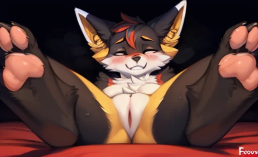 [Braixen], [pokemon], [Uploaded to e621.net; (Foxovh), (Pixelsketcher), (mayosplash)], ((masterpiece)), ((solo portrait)) , ((full body)), ((furry)), ((detailed fur)), ((detailed shading)), ((beautiful render art)), {female anthro fox; (yellow fur), (black...