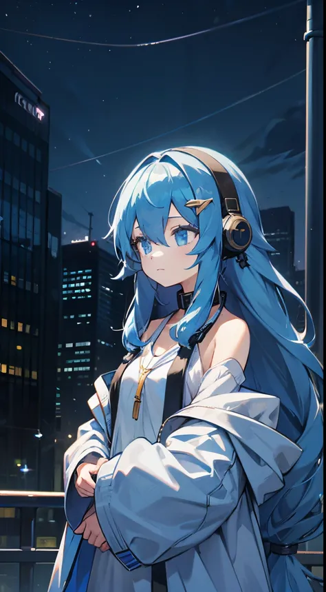 1 girl, hoodie, blue hair, very long hair, off the shoulder, feather hair ornament, headphones around neck, city, night, outdoors