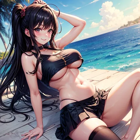 Cute anime girl, dark hair, smiling, looking at viewer, skirt, beautiful face, beautiful hair, long hair, long legs, big thighs, big breasts, exposed belly button, blushing