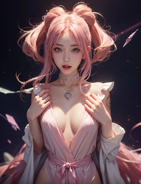 1girll,（Captivating quality：1.4），（True textured skins of the highest quality), Delicate face,Pink twin-tailed hair, Gradient Hair, （perfect bodies：1.1），Heart-shaped choker、long eyelasher,grin, hyperphotorealism, Cinematic lighting, projected inset, surreal...