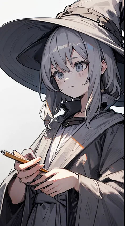 (sketch drawing), (pencil drawing), girl, close up, (light gray hair), (medium hair), (witch hat), (witch clothes), (darkened image), (white background),