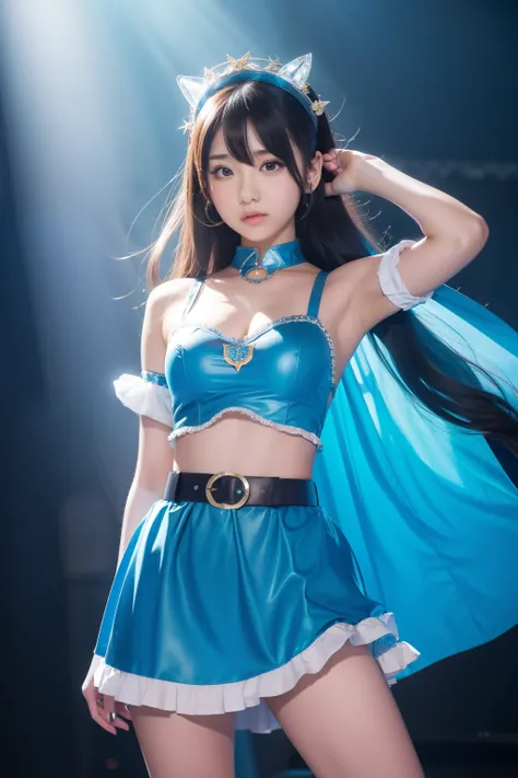 female idol、full body Esbian、、blue hero costume、、Heros Belt、immensity