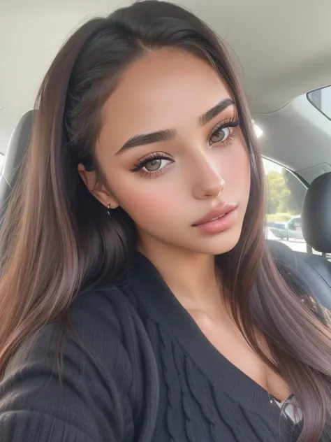 a close up of a woman with long hair in a car, violet myers, portrait sophie mudd, gorgeous latina face, kailee mandel, 18 years old, thick lips, glowy, straight eyebrows, olive skinned, headshot profile picture, light skin, jaw dropping beauty, sexy face,...