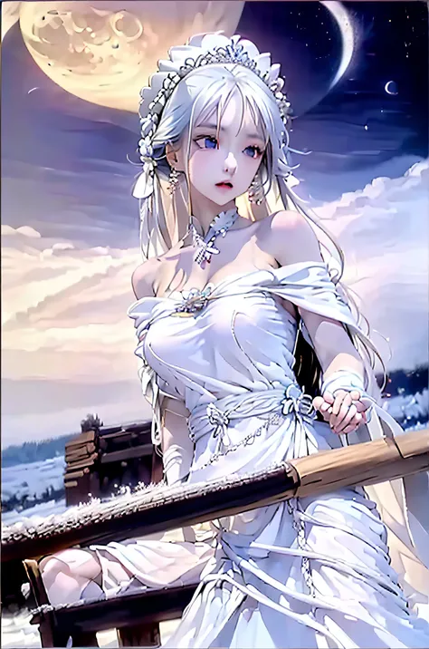 (best quality,highres),long white hair,blue eyes,snowy landscape,beautiful girl in a white hanfu,holding a delicate sword with one hand,snowflakes swirling around her,serene expression,vivid colors,soft lighting