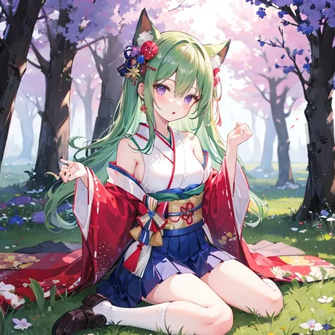 1girl, solo, long_hair, looking_at_viewer, blush, bangs, skirt, hair_ornament, long_sleeves, bow, hair_between_eyes, bare_shoulders, sitting, very_long_hair, purple_eyes, flower, hair_bow, pleated_skirt, frills, parted_lips, outdoors, japanese_clothes, gre...