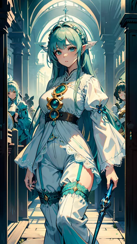 masterpiece, ultra detailed, 8k portrait, RAW photo, portrait photography, Highly detailed face, beautiful and meticulous eyes, ((Fantasy)), Young beautiful, (((Female priest))), (((((standing))))), (light blue long thin hair)), ahoge, (((asymmetrical bang...