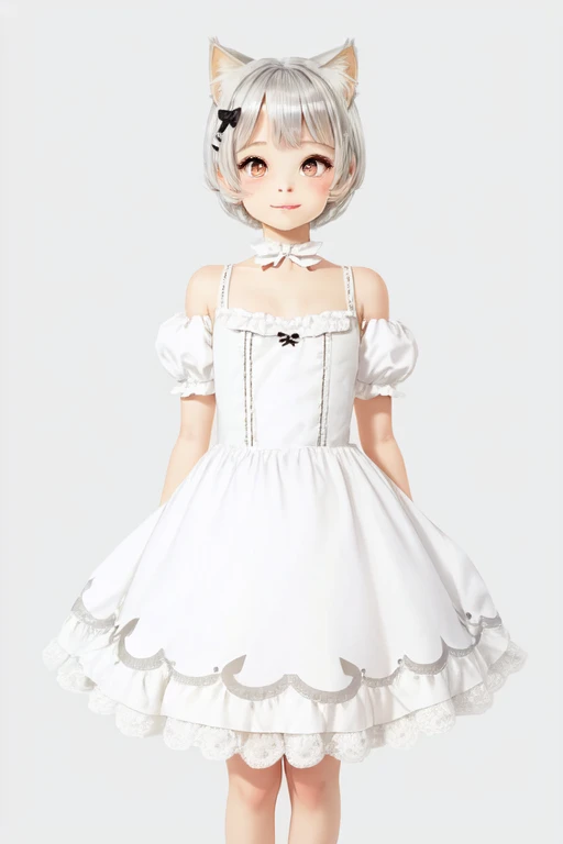 Solo front full body portrait　Idade８old and small breasted lolita　１００centimeter short stature　kawaii girl　A slight smil　big eye　White cat ears　loose silver blonde hair　White dress