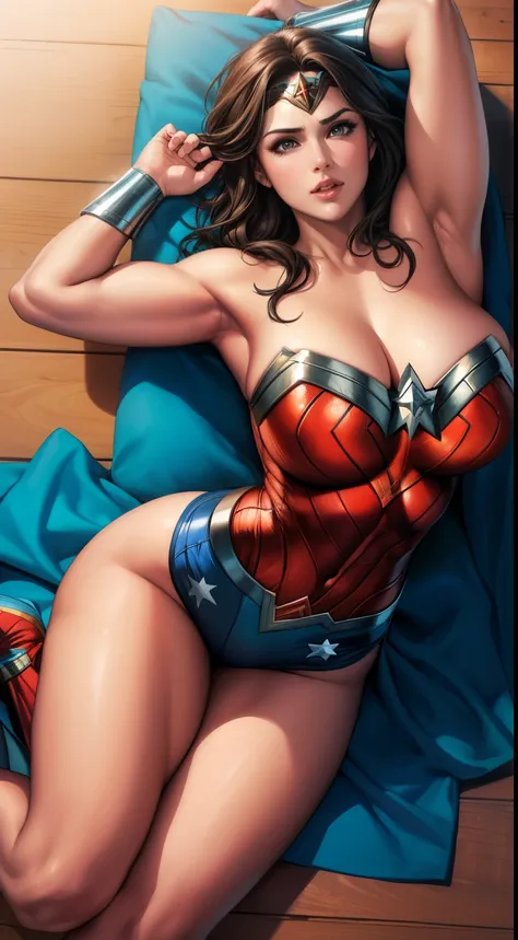 ( Masterpiece, 4k resolution, ultra-realistic, very detailed) (Wonder Woman New 52) Kidnapped full body in the style of realism, glistening skin, , natural lighting, Defined full lips. fitness feminine body. portrait photography by artgerm, in the style of...