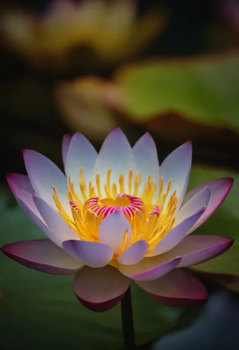 Lotus flower with light petals, symbol of Buddhism, iridescent in rainbow colors, with a golden aura around him with a very bright divine light descending from the sky,  High Definition Image, detalhamento alto e estilo fotorrealismo. Imagem com pelo menos...