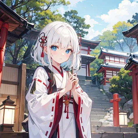 A lovely girl，White hair and blue eyes，A Japanese shrine，Shrine uniforms，Yoshino Asahu