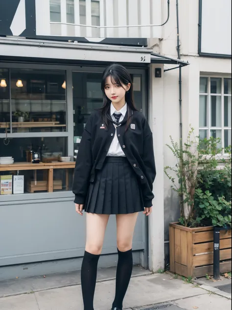 tmasterpiece, Best quality,1 person,JK school uniform，pleatedskirt，black lence stockings，in front of the cafe, black hair color hair, actual,