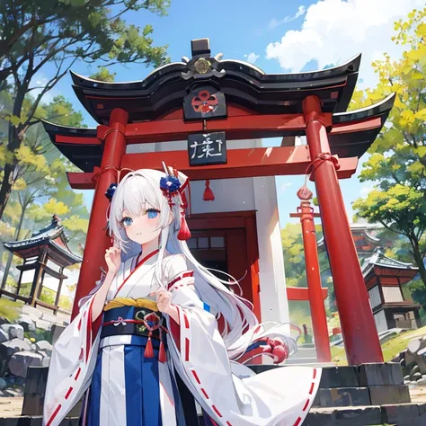 A cute girl，long white hair and blue eyes，A Japanese shrine，shrine maiden clothe，Tomotake Yoshino