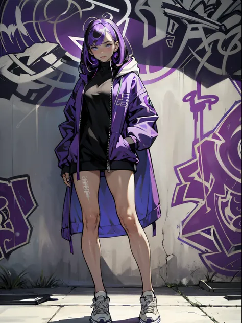 masterpiece, 1girl, beautiful face, perfect face, beauty of a goddess, white skinned girl, ((ultra detailed eyes)), clear eyes, glowing purple eyes, streaked hair, unzipped coat, front bangs, standing in front of a graffiti-covered wall, street fashion, sn...