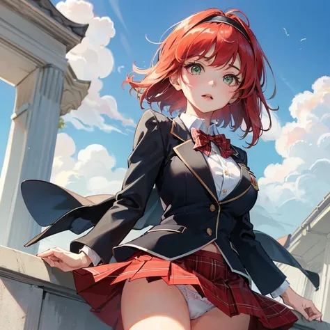 Red Short Bob,Green eyes,big breasts,Black Blazer School Uniform,Bow tie on the chest,Hair band on the head,a red skirt,Plaid skirt,Fluttering skirt,white panties behind the skirt,Girl facing the front,Angle looking up from below,The background is only a b...