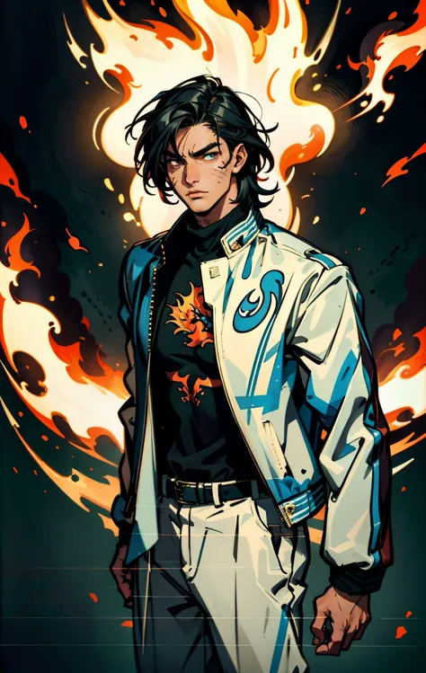 A young man, dark blue short hair, long bangs covering half of his face, sharp eyes, a long scar on his face, an expression of discontent, a fantasy-realistic style leather jacket over a dark undershirt, trousers that matching the outfit, black fire swirli...