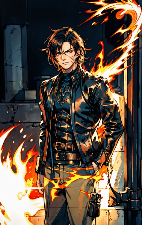 A young man, dark blue short hair, long bangs covering half of his face, sharp eyes, a long scar on his face, an expression of discontent, a fantasy-realistic style leather jacket over a dark undershirt, trousers that matching the outfit, black fire swirli...